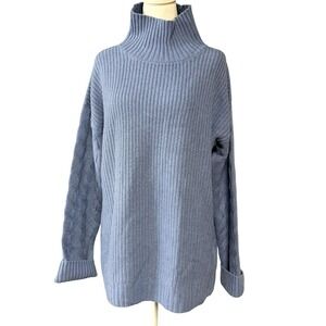 Gentle Herd‎ Women's Medium Blue Wool Cashmere Mock Neck Cable Knit Sweater